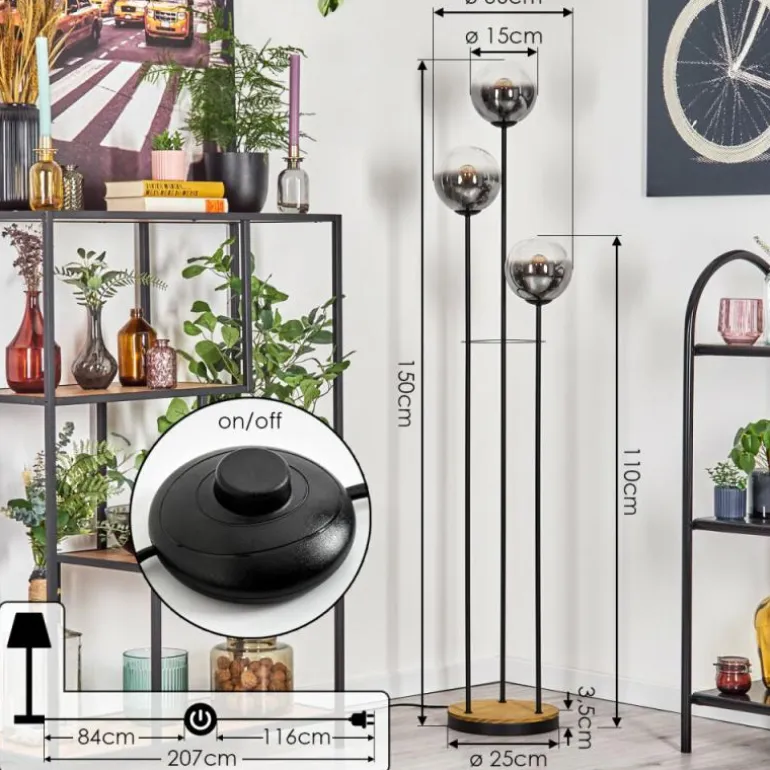 Gastor Lampadaire 30 cm Bois foncé, Noir, 3 lumières