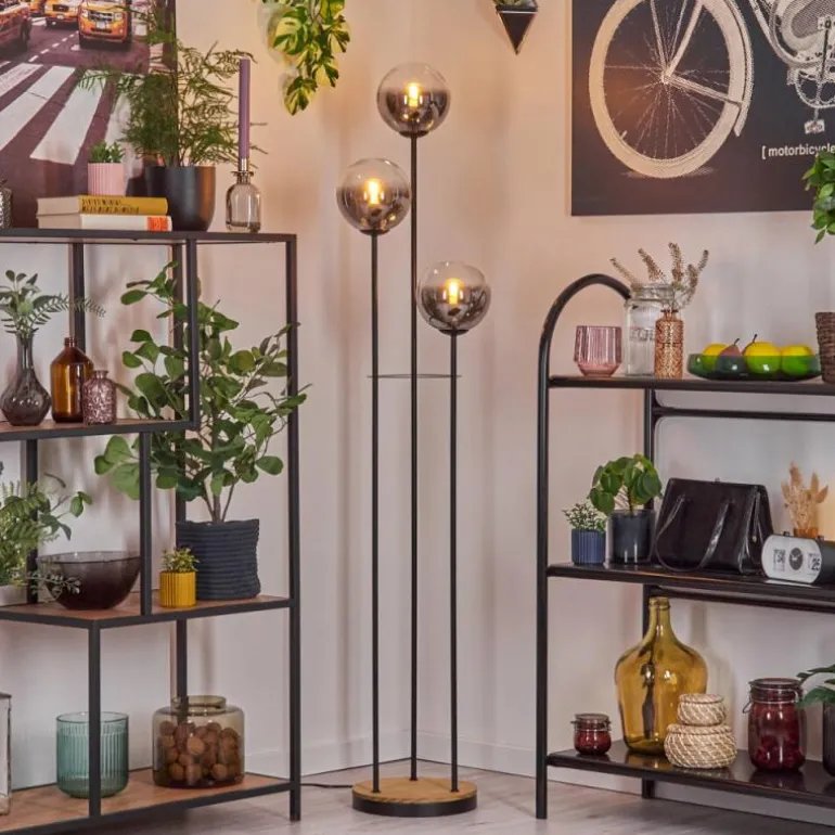 Gastor Lampadaire 30 cm Bois foncé, Noir, 3 lumières
