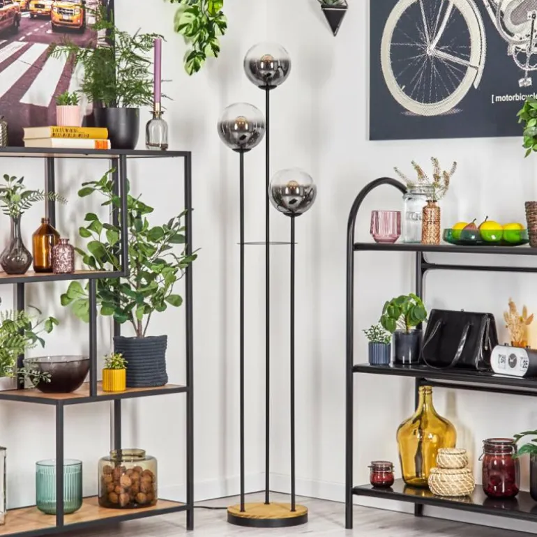 Gastor Lampadaire 30 cm Bois foncé, Noir, 3 lumières