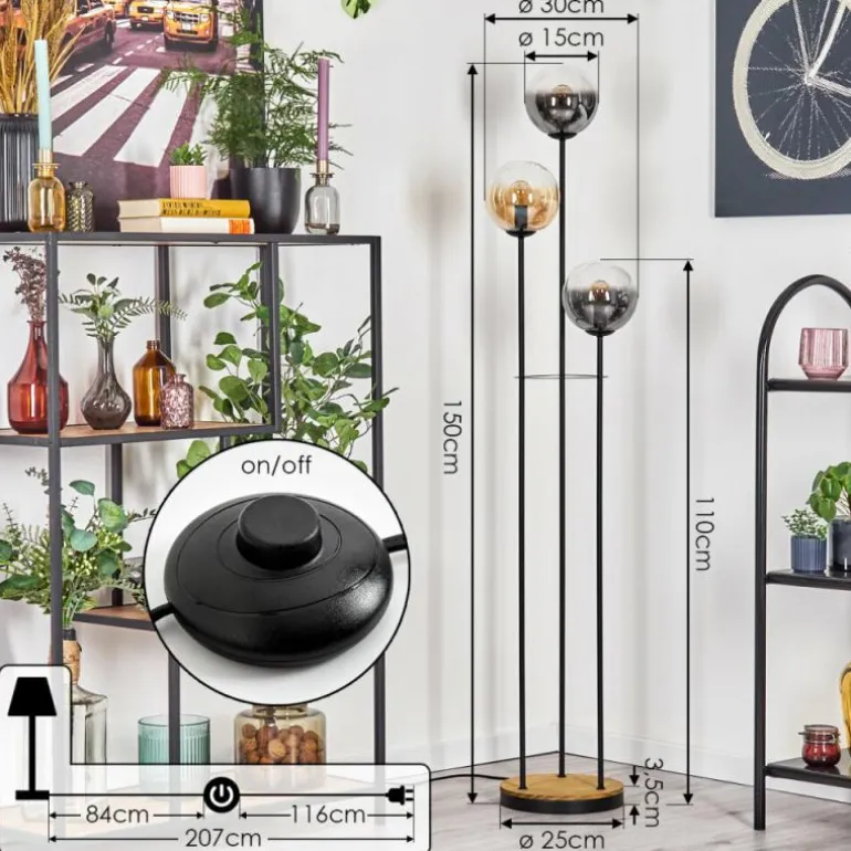 Gastor Lampadaire 30 cm Bois foncé, Noir, 3 lumières