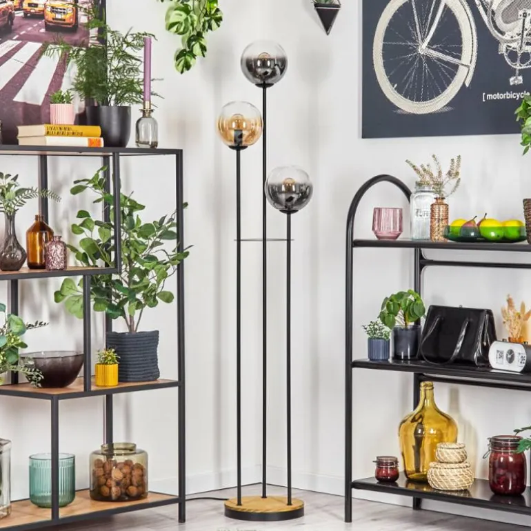 Gastor Lampadaire 30 cm Bois foncé, Noir, 3 lumières