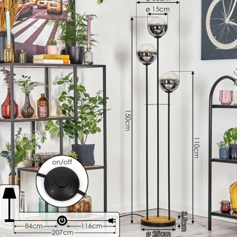 Gastor Lampadaire 30 cm Bois foncé, Noir, 3 lumières