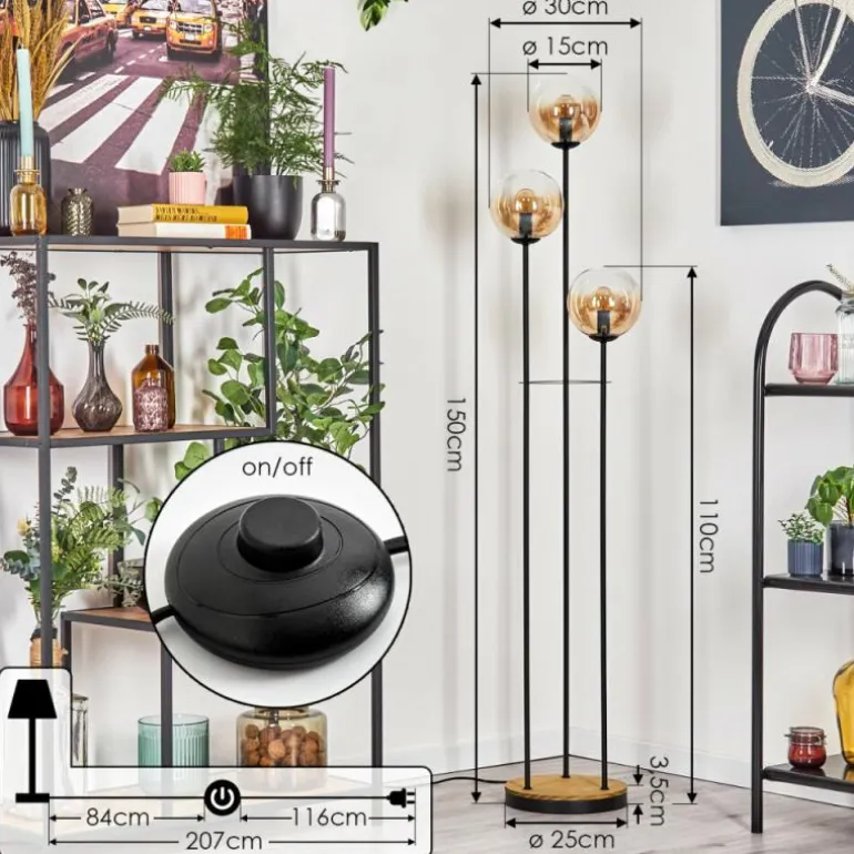 Gastor Lampadaire 30 cm Bois foncé, Noir, 3 lumières