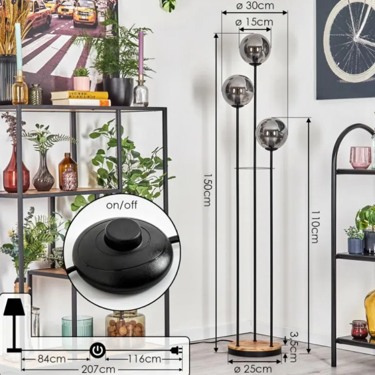 Gastor Lampadaire 25 cm Bois clair, Noir, 3 lumières