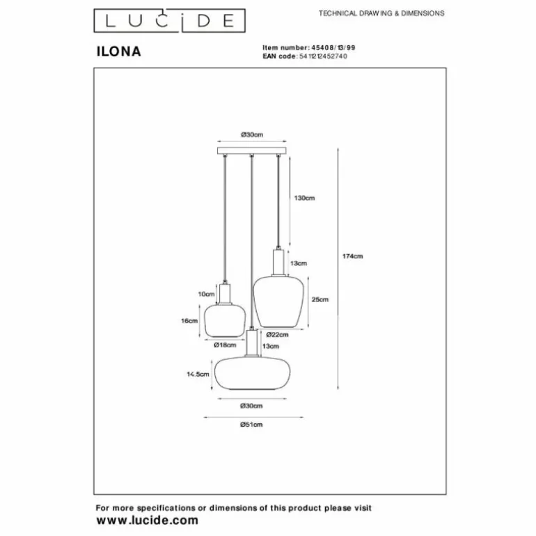 ILONA Suspension Luminaires Lucide Noir, 3 lumières