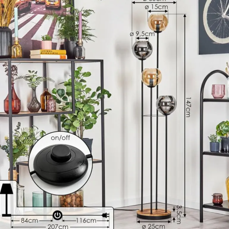 Koyoto Lampadaire 30 cm Bois clair, Noir, 4 lumières