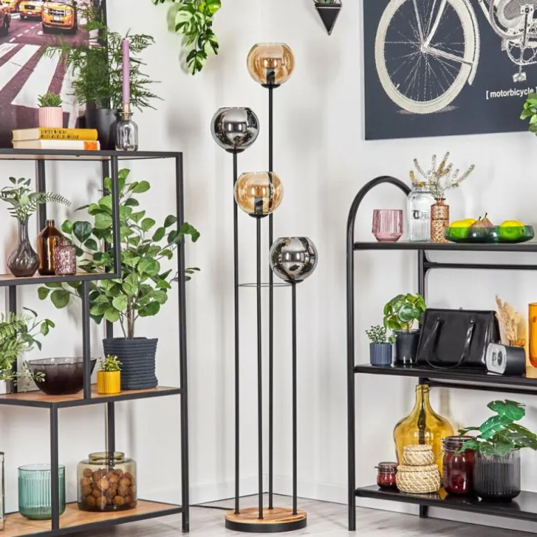 Koyoto Lampadaire 30 cm Bois clair, Noir, 4 lumières