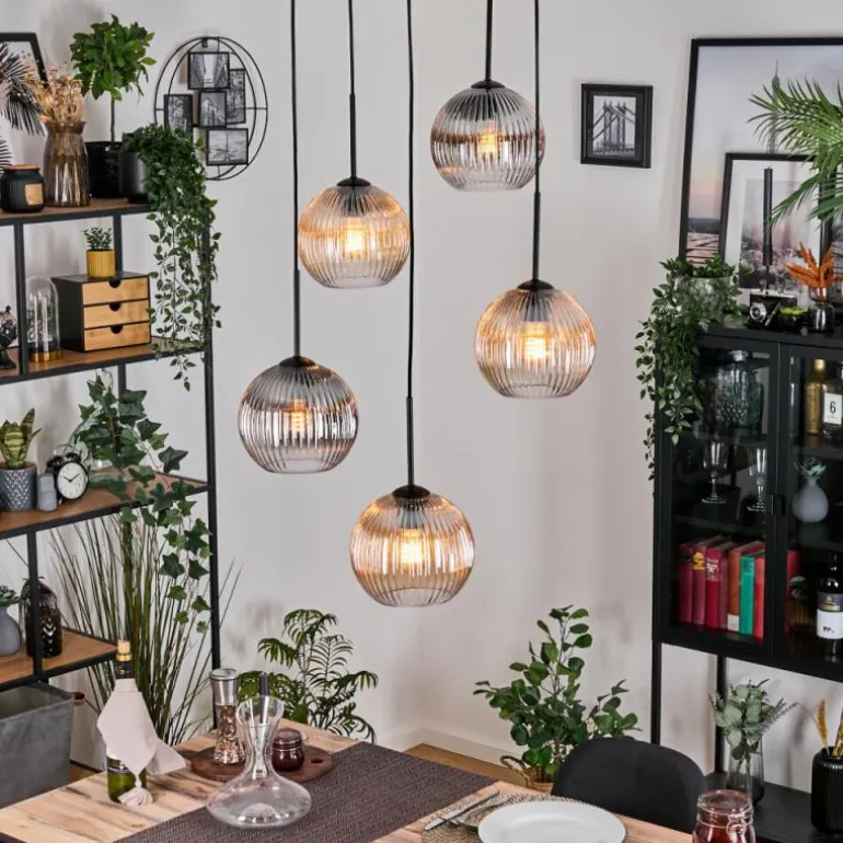 Koyoto Suspension, Boule lumineuse, Suspension grappe Ambre, Clair, Fumé, 5 lumières