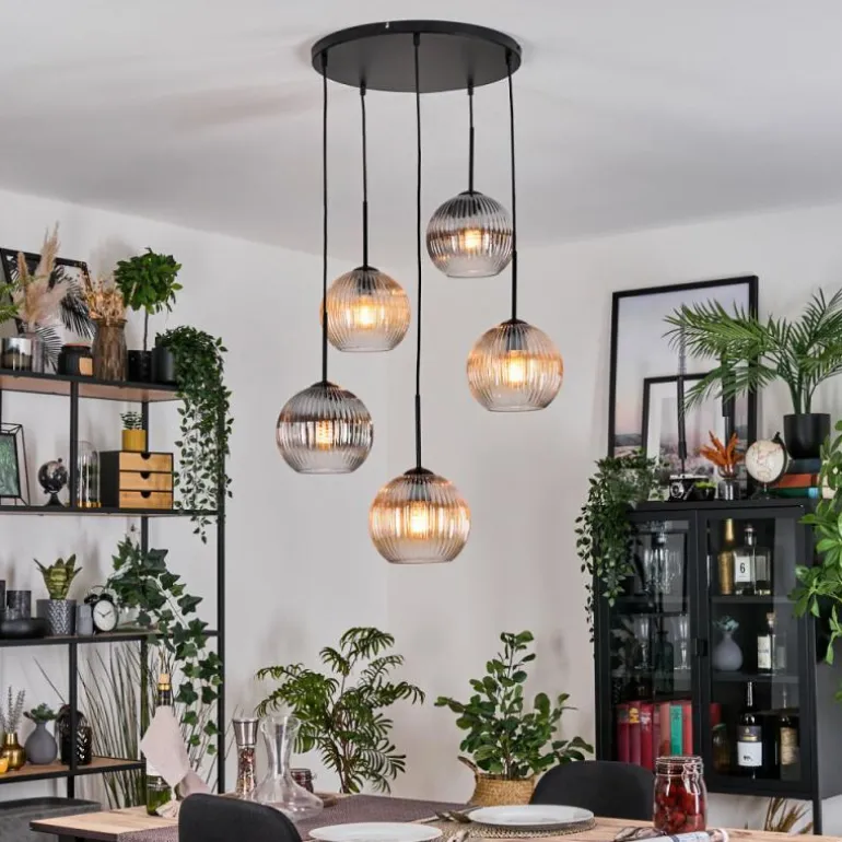 Koyoto Suspension, Boule lumineuse, Suspension grappe Ambre, Clair, Fumé, 5 lumières