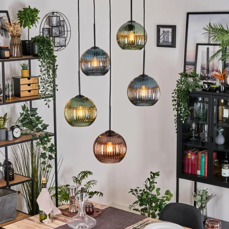 Koyoto Suspension, Boule lumineuse, Suspension grappe 45 cm Bleu, Vert, Cuivré, 5 lumières