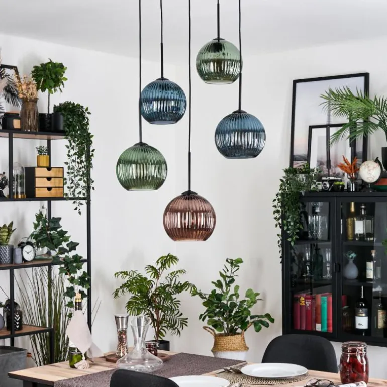 Koyoto Suspension, Boule lumineuse, Suspension grappe 45 cm Bleu, Vert, Cuivré, 5 lumières