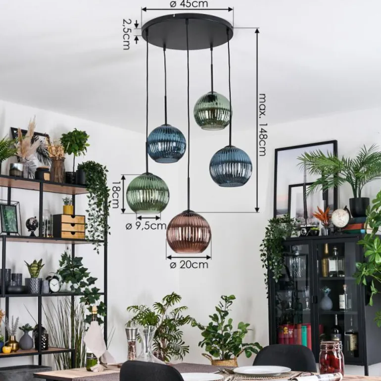 Koyoto Suspension, Boule lumineuse, Suspension grappe 45 cm Bleu, Vert, Cuivré, 5 lumières