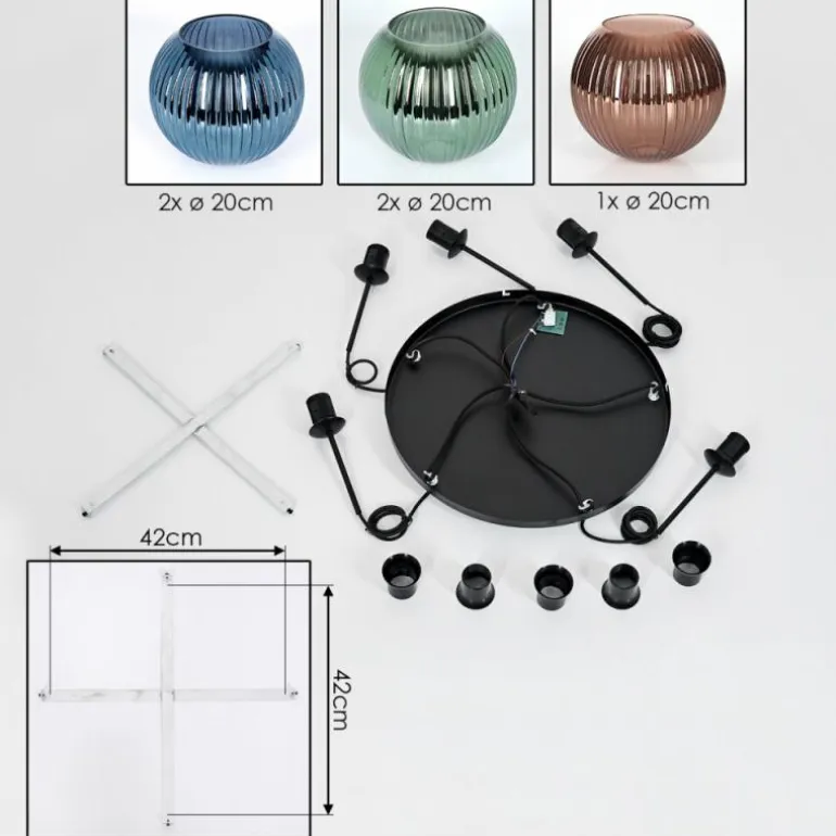 Koyoto Suspension, Boule lumineuse, Suspension grappe 45 cm Bleu, Vert, Cuivré, 5 lumières
