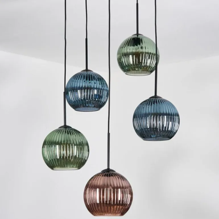 Koyoto Suspension, Boule lumineuse, Suspension grappe 45 cm Bleu, Vert, Cuivré, 5 lumières