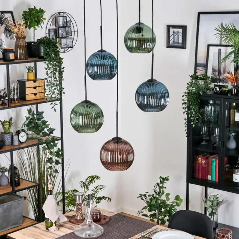 Koyoto Suspension, Boule lumineuse, Suspension grappe 45 cm Bleu, Vert, Cuivré, 5 lumières