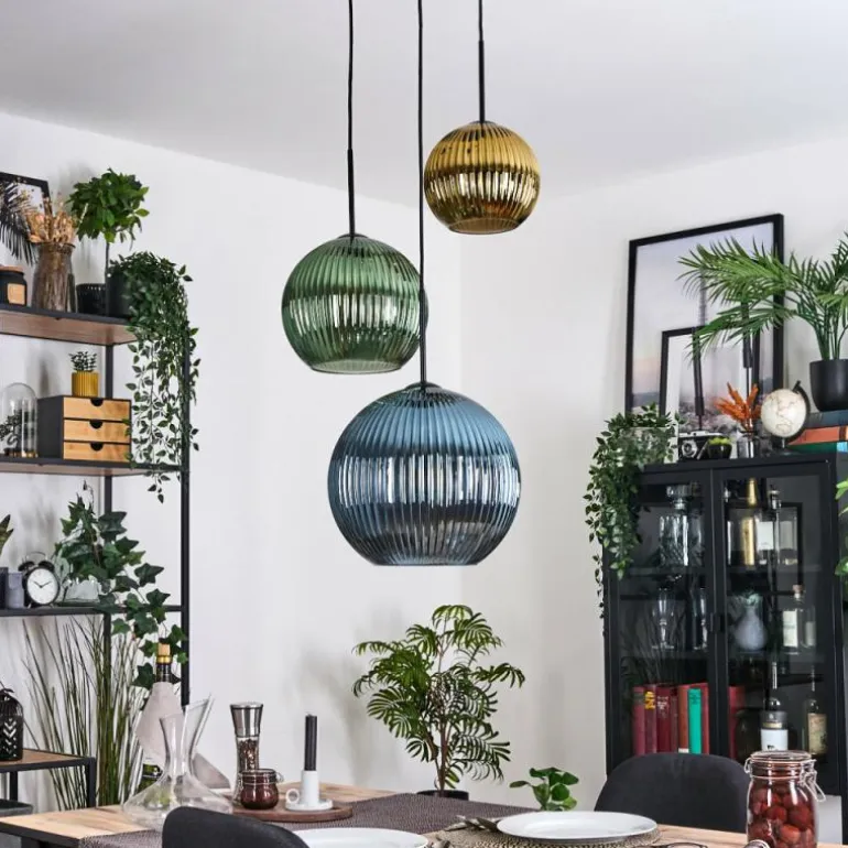 Koyoto Suspension, Boule lumineuse, Suspension grappe 30 cm Bleu, Or, Vert, 3 lumières