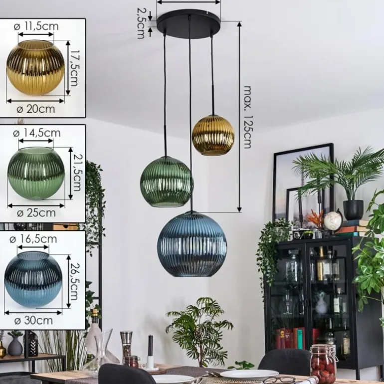 Koyoto Suspension, Boule lumineuse, Suspension grappe 30 cm Bleu, Or, Vert, 3 lumières