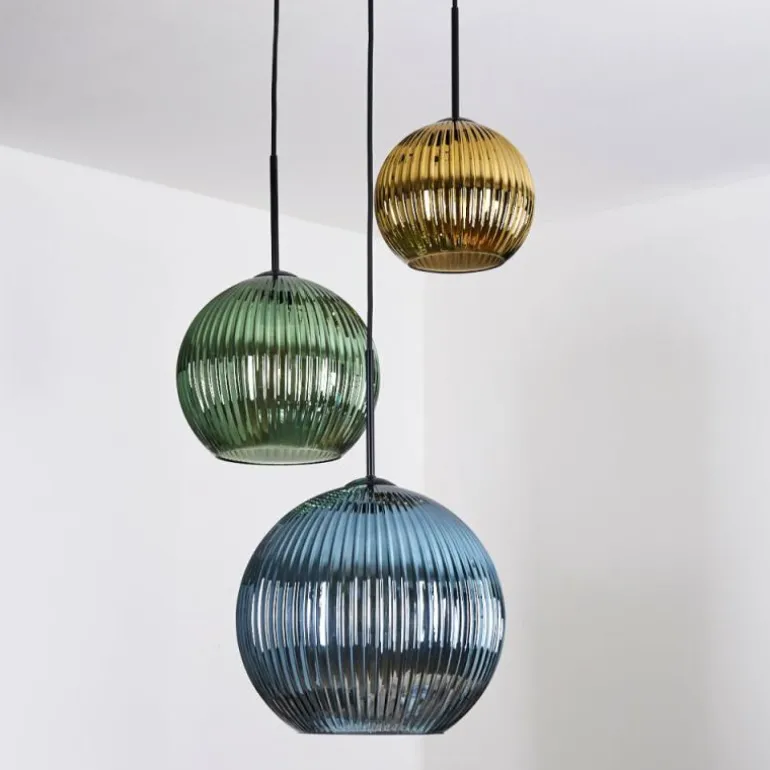 Koyoto Suspension, Boule lumineuse, Suspension grappe 30 cm Bleu, Or, Vert, 3 lumières