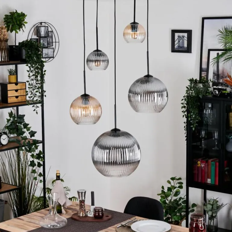 Koyoto Suspension, Boule lumineuse, Suspension grappe Ambre, Clair, Fumé, 5 lumières