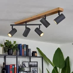 Plafonnier Javel Anthracite, Couleur bois, 5 lumières