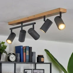 Plafonnier Javel Anthracite, Couleur bois, 5 lumières