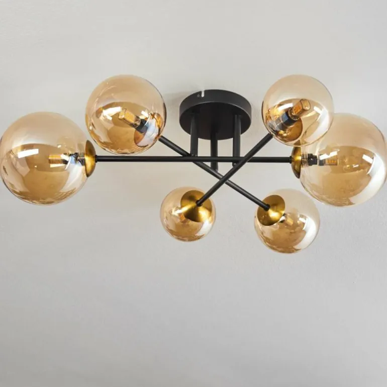 Plafonnier - Verre 10 cm, 12 cm, 15 cm Chehalis Or, Noir, 6 lumières