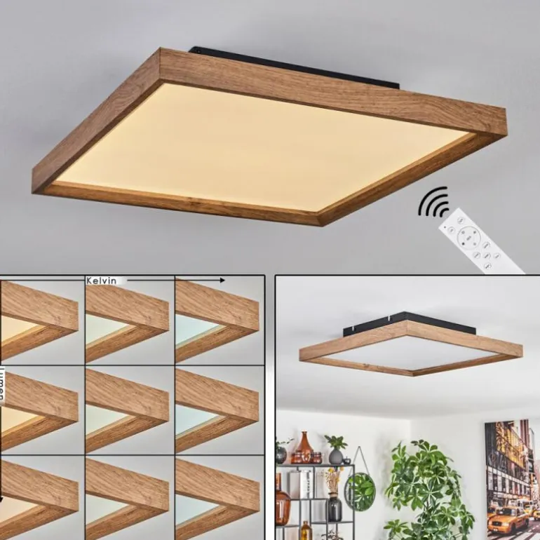 Plafonnier Longvic LED Brun, Couleur bois, Noir, 1 lumière, Télécommandes