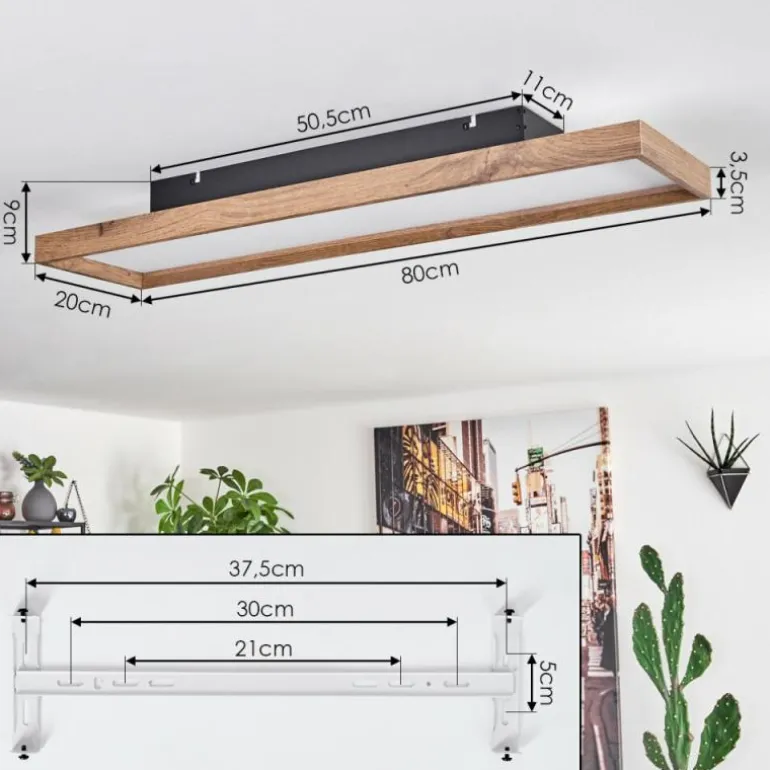 Plafonnier Longvic LED Brun, Couleur bois, Noir, 1 lumière, Télécommandes