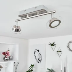 Plafonnier Marsen LED Chrome, Nickel mat, 2 lumières, Télécommandes, Changeur de couleurs
