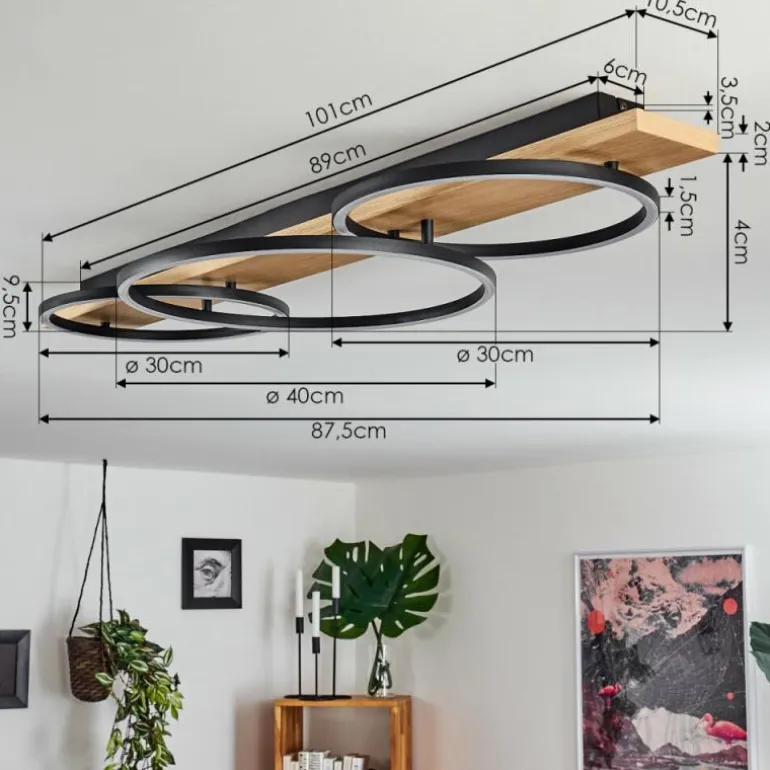 Plafonnier Pompu LED Bois clair, Noir, 3 lumières