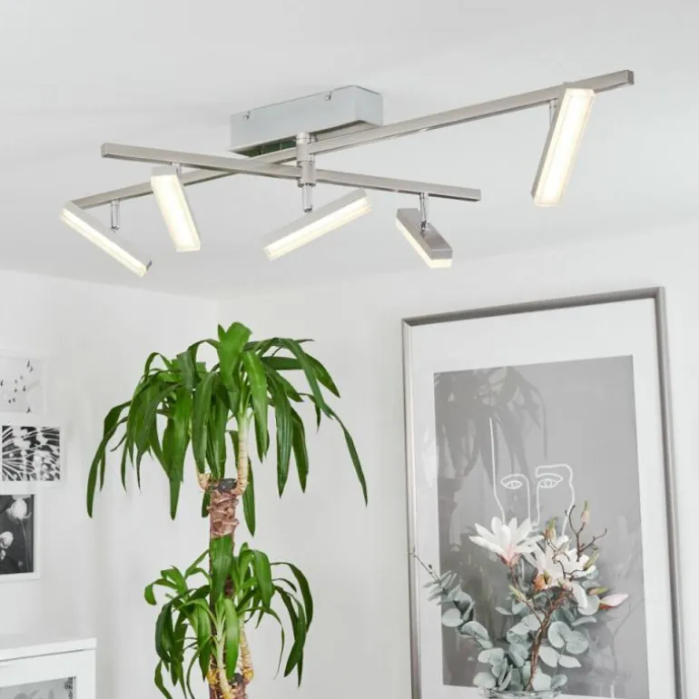 Plafonnier Vehkala LED Chrome, Nickel mat, 5 lumières, Télécommandes, Changeur de couleurs