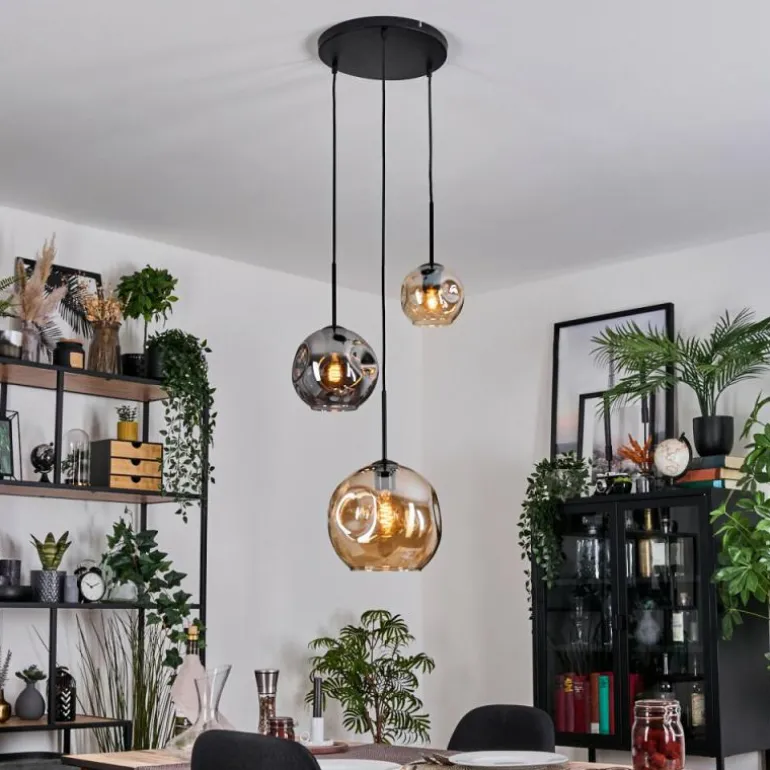 Ripoll Suspension, Boule lumineuse, Suspension Ambre, Fumé, 3 lumières