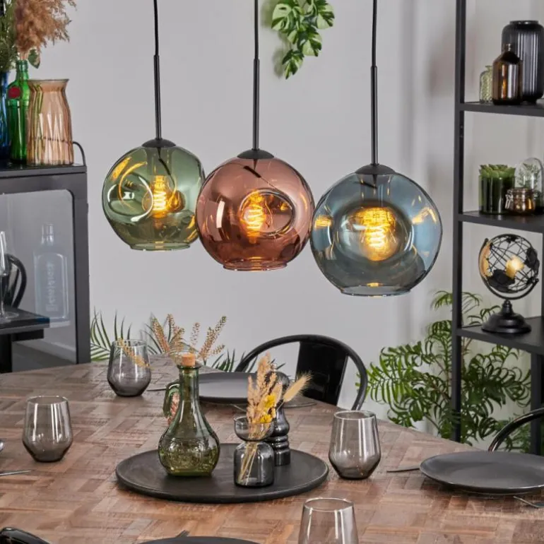 Ripoll Suspension, Boule lumineuse, Suspension Bleu, Vert, Cuivré, 3 lumières