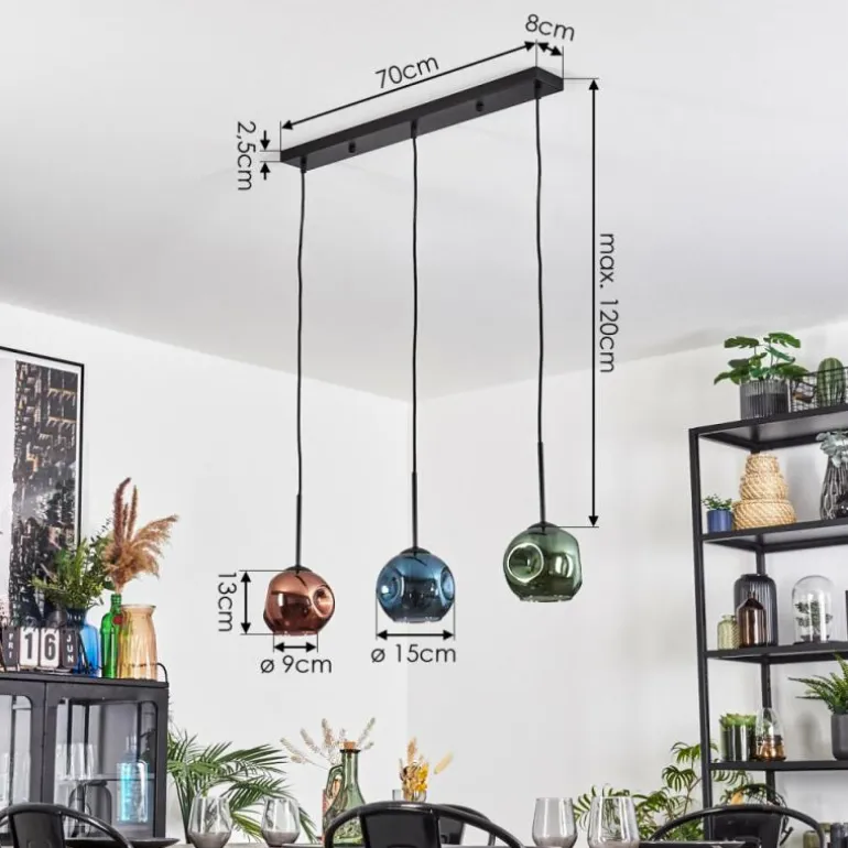 Ripoll Suspension, Boule lumineuse, Suspension Bleu, Vert, Cuivré, 3 lumières