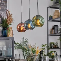 Ripoll Suspension, Boule lumineuse, Suspension Bleu, Vert, Cuivré, 3 lumières