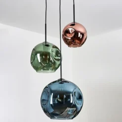 Ripoll Suspension, Boule lumineuse, Suspension grappe Bleu, Vert, Cuivré, 3 lumières