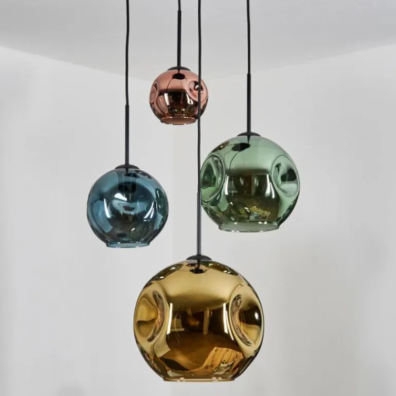Ripoll Suspension, Boule lumineuse, Suspension grappe Bleu, Or, Vert, Cuivré, 4 lumières