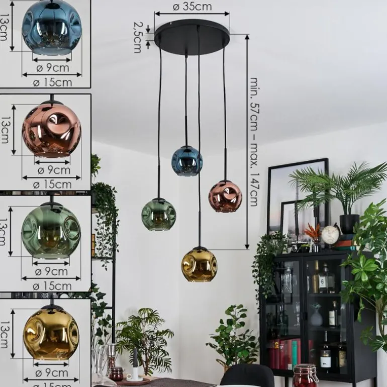 Ripoll Suspension, Boule lumineuse, Suspension grappe Bleu, Or, Vert, Cuivré, 4 lumières