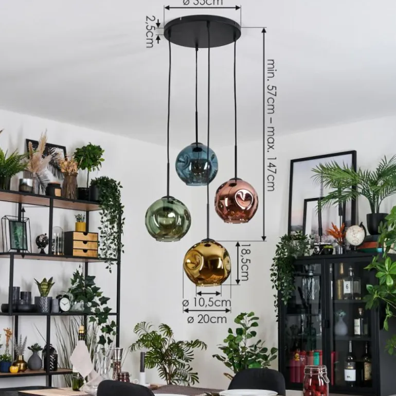 Ripoll Suspension, Boule lumineuse, Suspension grappe Bleu, Or, Vert, Cuivré, 4 lumières