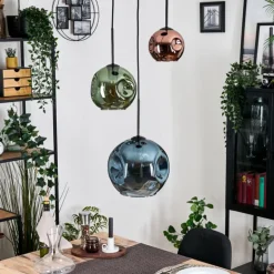 Ripoll Suspension, Boule lumineuse, Suspension grappe Bleu, Vert, Cuivré, 3 lumières