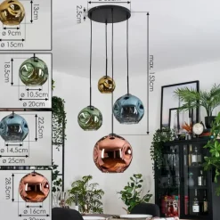 Ripoll Suspension, Boule lumineuse, Suspension grappe Bleu, Or, Vert, Cuivré, 4 lumières