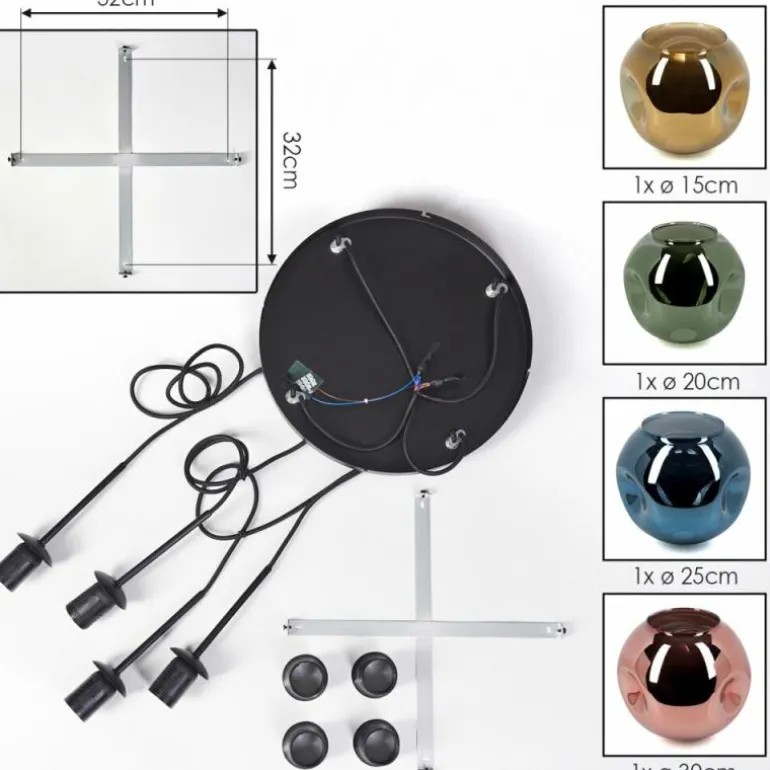 Ripoll Suspension, Boule lumineuse, Suspension grappe Bleu, Or, Vert, Cuivré, 4 lumières
