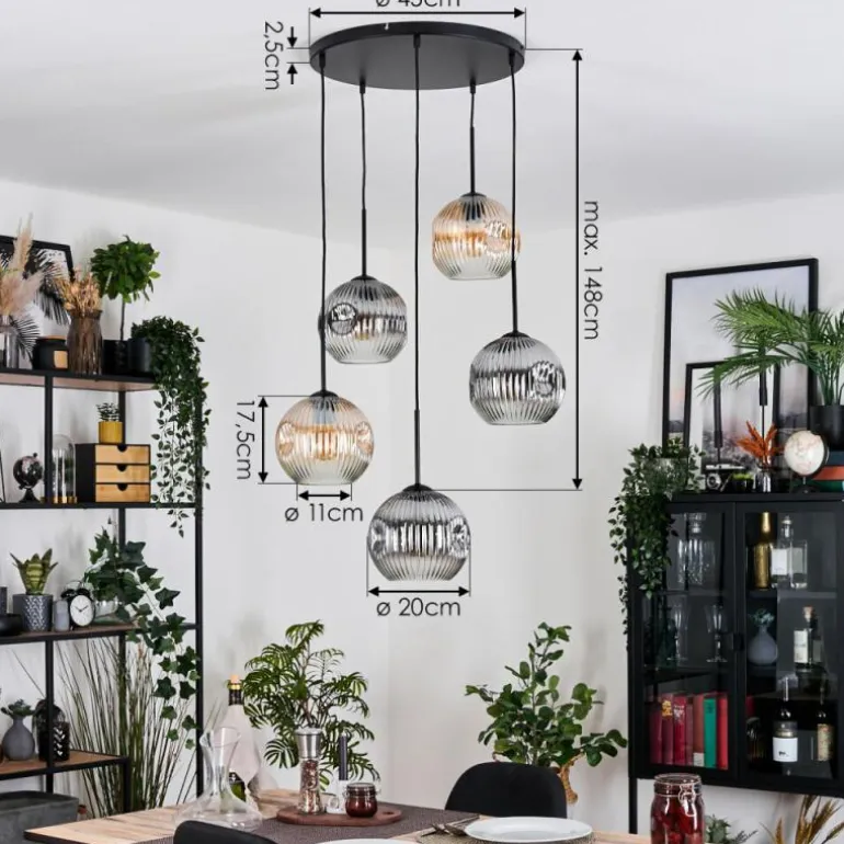 Ripoll Suspension, Boule lumineuse, Suspension grappe Ambre, Clair, Fumé, 5 lumières