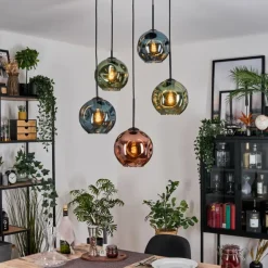 Ripoll Suspension, Boule lumineuse, Suspension grappe Bleu, Vert, Cuivré, 5 lumières