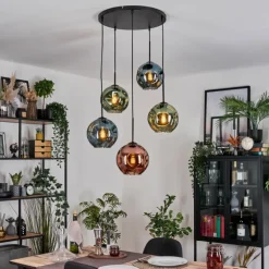 Ripoll Suspension, Boule lumineuse, Suspension grappe Bleu, Vert, Cuivré, 5 lumières