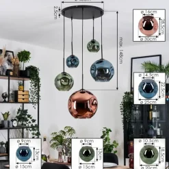 Ripoll Suspension, Boule lumineuse, Suspension grappe Bleu, Vert, Cuivré, 5 lumières