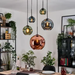 Ripoll Suspension, Boule lumineuse, Suspension grappe Bleu, Vert, Cuivré, 5 lumières