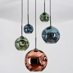 Ripoll Suspension, Boule lumineuse, Suspension grappe Bleu, Vert, Cuivré, 5 lumières