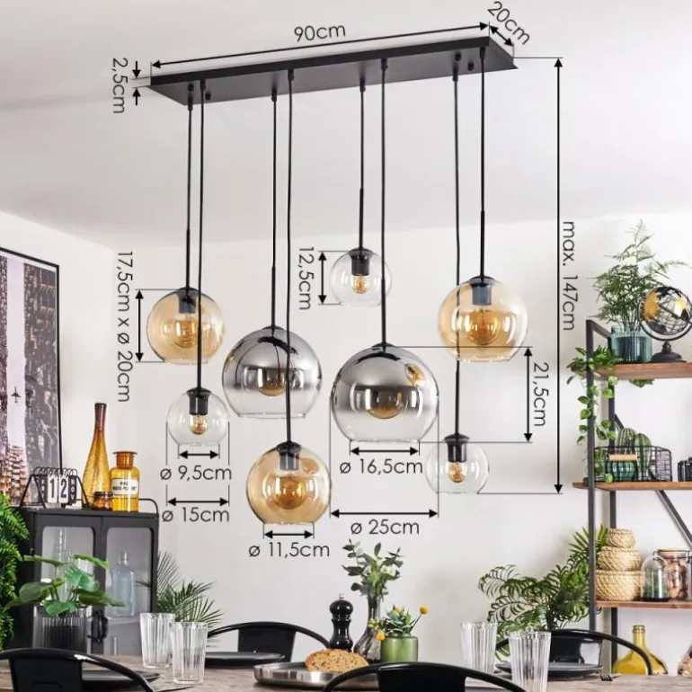 Suspension - Verre Koyoto Ambre, Clair, Fumé, 8 lumières