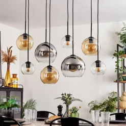 Suspension - Verre Koyoto Ambre, Chrome, Clair, Fumé, 8 lumières